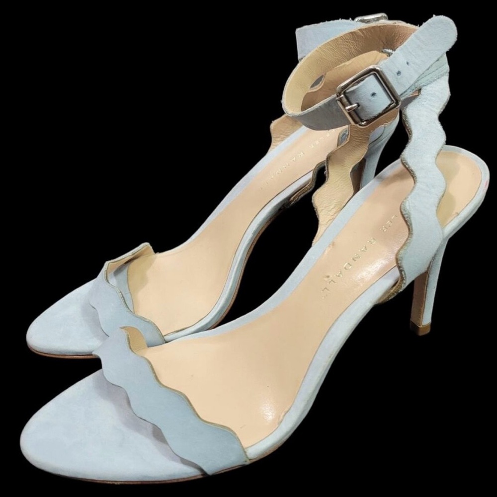 Loeffler Randall Reina Heel Blue Sandals Ankle Strap Leather Wavy Scalloped 8.5